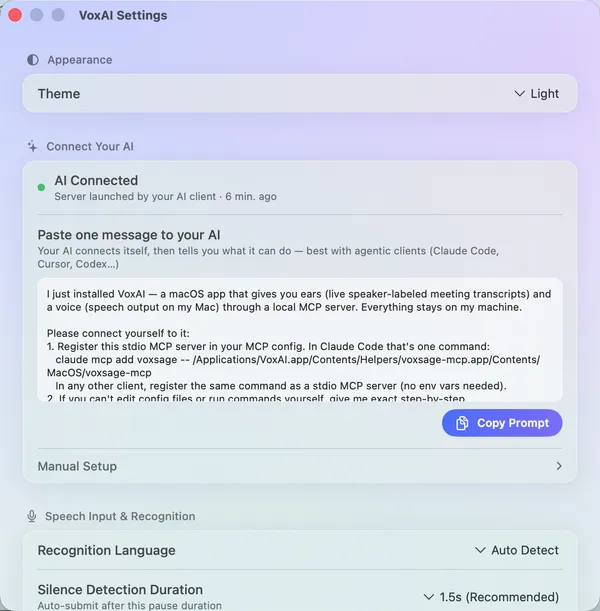 VoxAI settings showing the one-message setup prompt for an AI client