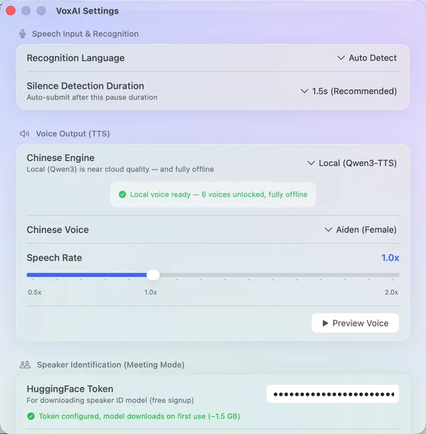 VoxAI settings with local and optional cloud voice controls