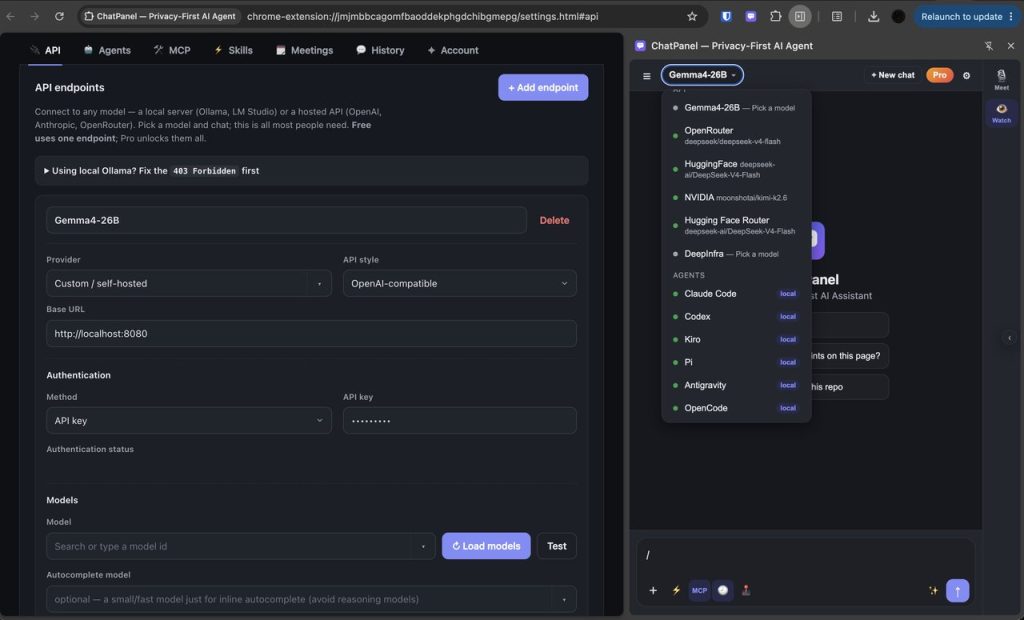 ChatPanel's agent and model picker — Claude Code, Codex, Pi, OpenCode and many providers, ready to switch between.