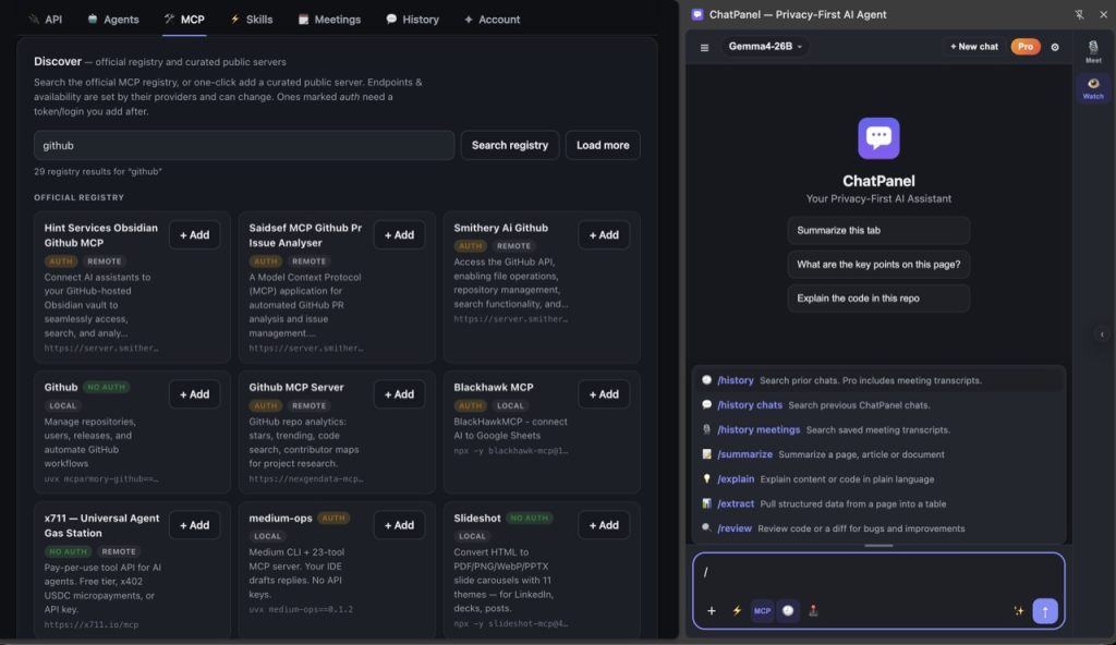 ChatPanel's built-in directory of tools you can add in one click, beside a searchable chat.