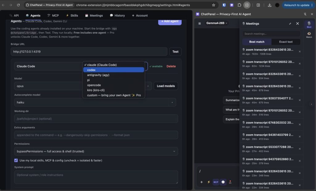 ChatPanel's meeting panel with searchable transcripts, beside the agent picker.