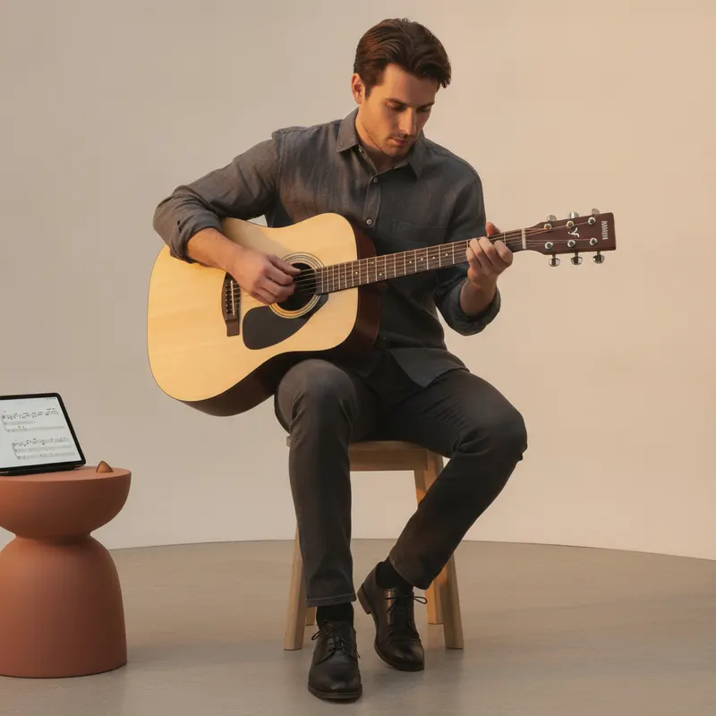 AI lifestyle photo: a man in a dark shirt playing the acoustic guitar seated on a stool in a sunlit room