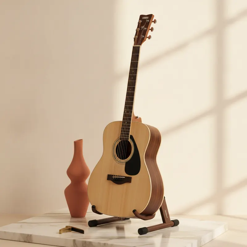 AI product photo: an acoustic guitar on a wooden stand beside a terracotta vase on a marble plinth
