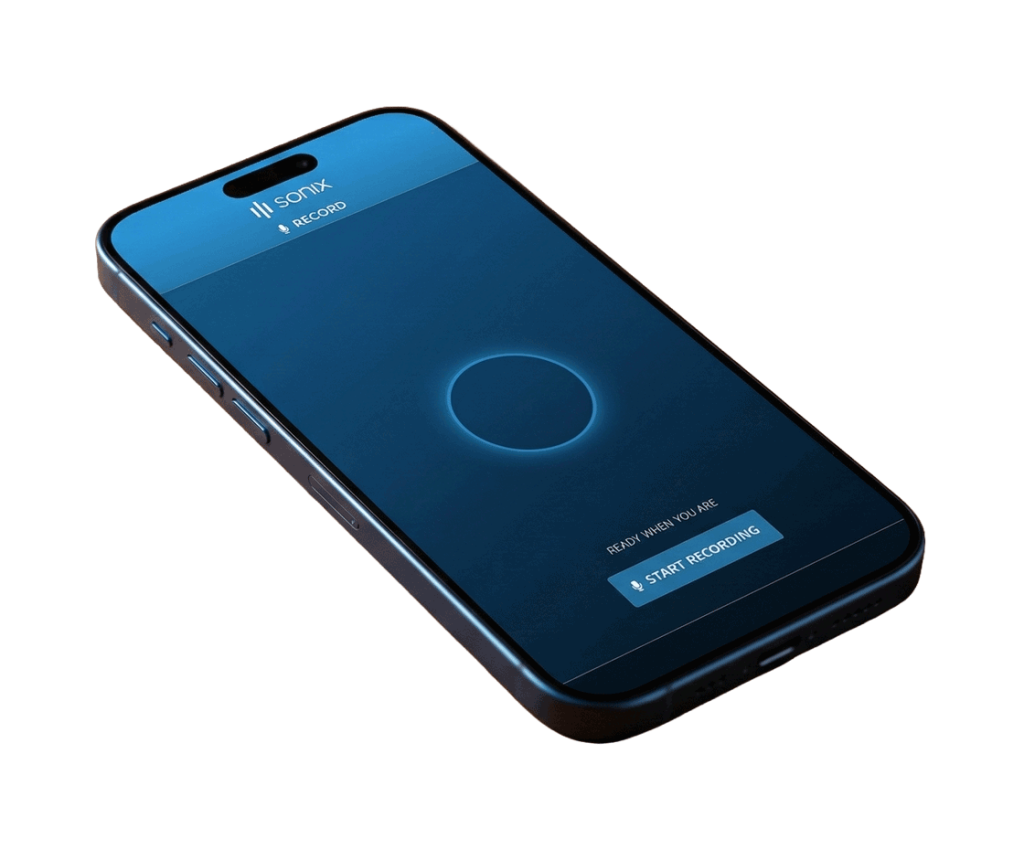Sonix Recorder mobile app interface showing audio recording and automatic transcription features