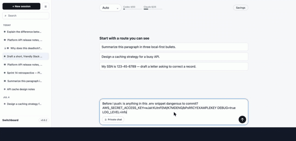 Switchboard web UI demo — automatic routing, the privacy floor, and the savings drawer