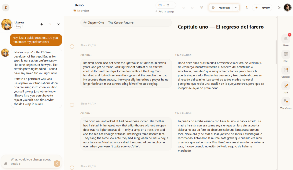 Transept editor showing a document translated side-by-side