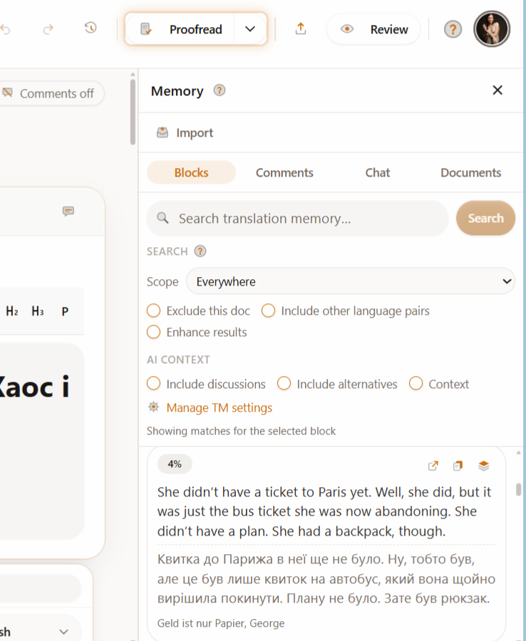 Transept’s Memory panel — translation-memory search across blocks, comments, and chat, with a match card showing a source line and its past translation