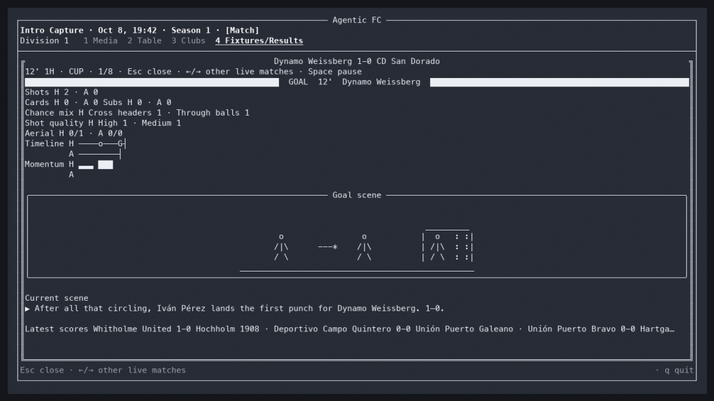 Animated Agentic FC terminal match scenes showing a goal, through ball, and set piece