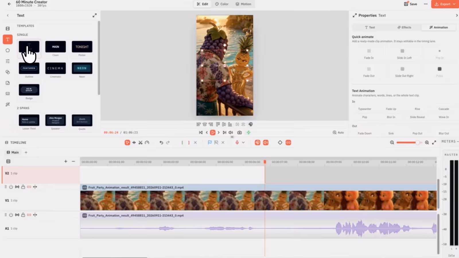 The 60 Minute Creator video editor with the media panel, the preview and a timeline holding a clip from a workflow run