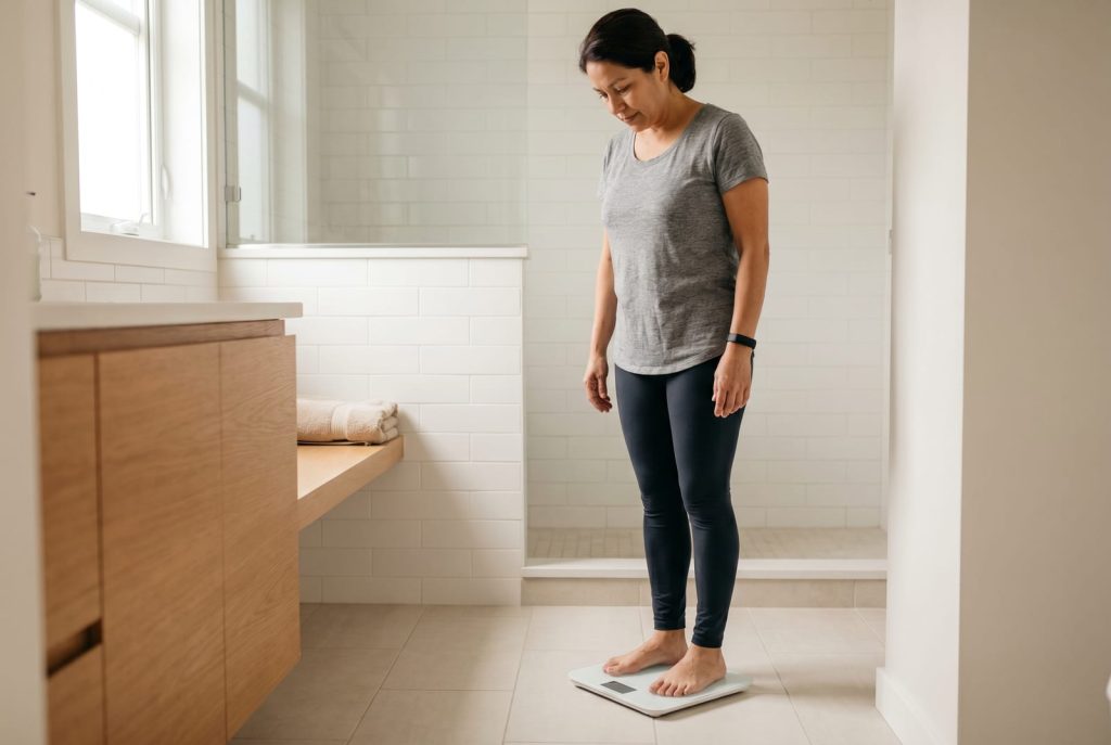 Woman in a softly lit bathroom stepping off a smart scale, glancing at the readout - AI-generated