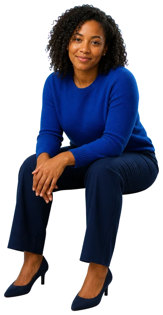 A woman leaning forward with a warm, welcoming expression