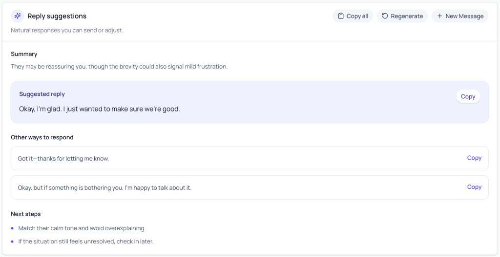 Subtext reply suggestions with a summary, suggested responses, and next steps
