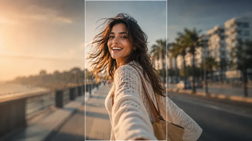 AI-generated social media video preview of a smiling woman on a sunny beachfront