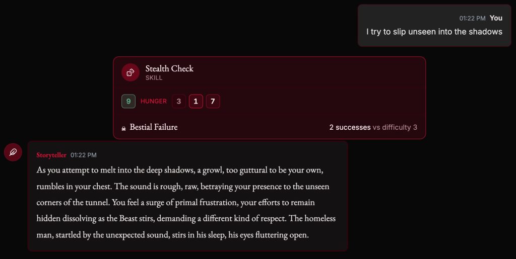 A Vampiro Life gameplay screen showing a player action and the AI Storyteller's narrated response.