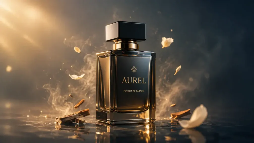 AI-generated product video preview featuring an amber perfume bottle