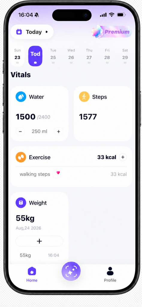 WellyPal daily vitals screen showing water, steps, exercise and weight