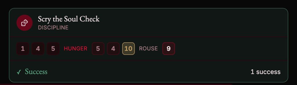 A successful Vampire: The Masquerade V5 Discipline check in Vampiro Life with visible dice and successes.