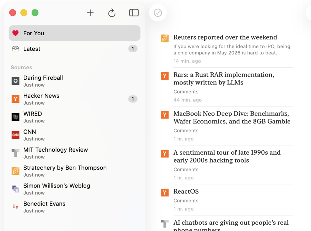 PageForth's For You feed, a personalized news list ranked across all sources by the articles you have hearted