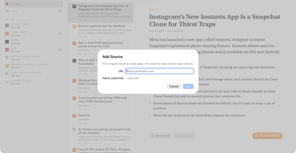 Adding a news source in PageForth without RSS: paste any URL into the Add Source dialog and it finds the articles