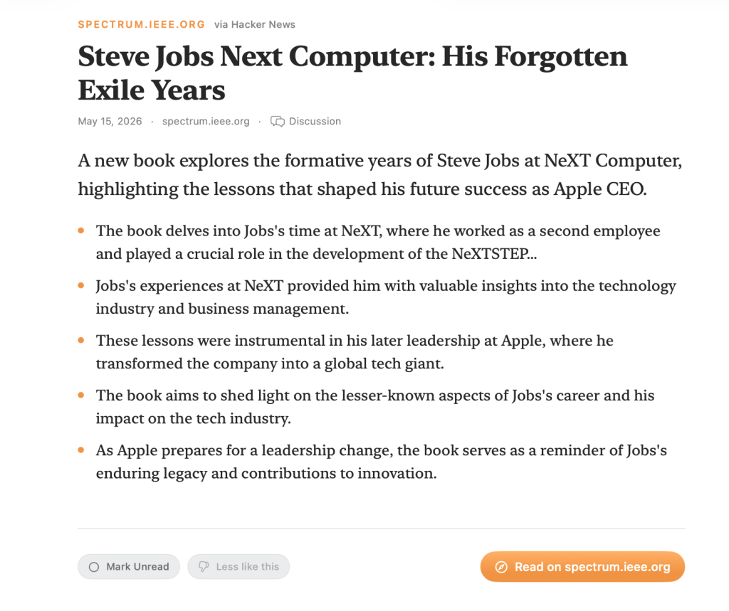 PageForth's on-device AI summary of a news article: a short lead paragraph and bullet-point key points