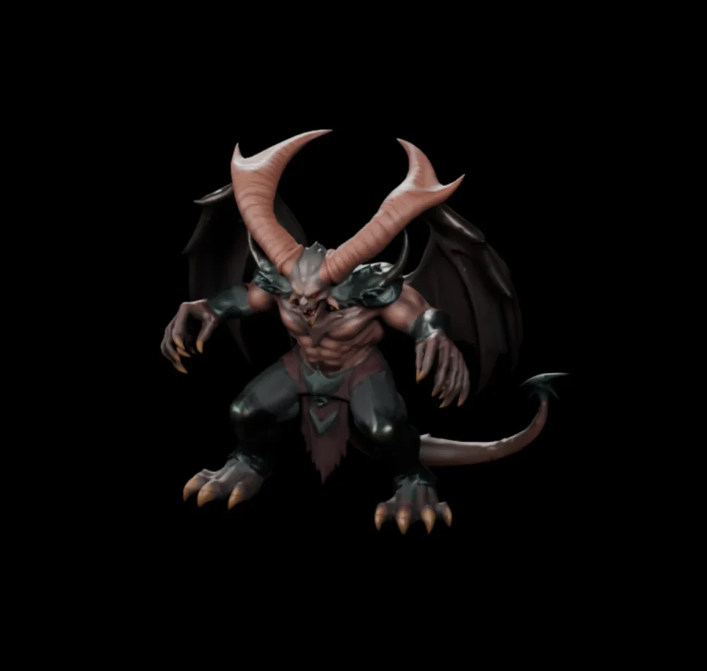Rendered preview of a giant demon boss 3D model with large horns, wings, tail, and armored shoulders