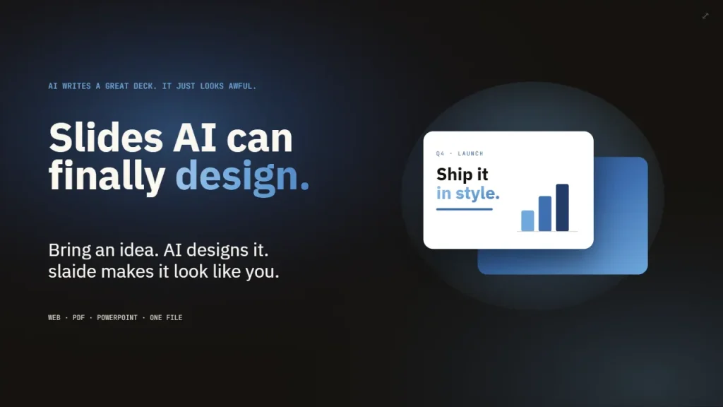 The cover slide of a Slaide deck: Slides AI can finally design, beside a rendered slide with a bar chart
