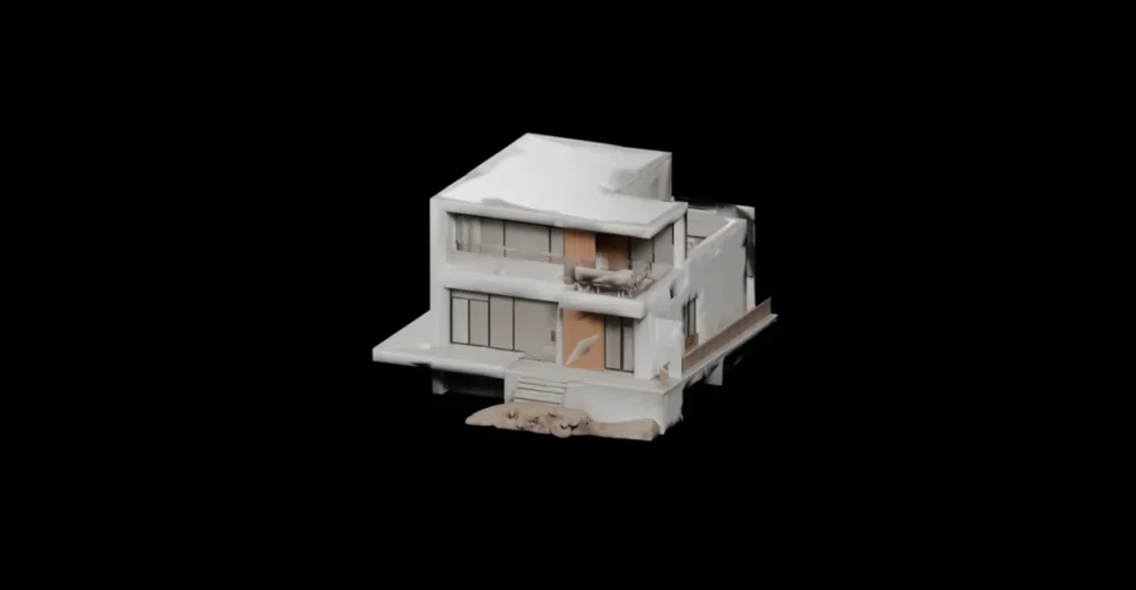 Rendered preview of a modern hillside villa 3D model with glass windows, white concrete walls, and a terrace