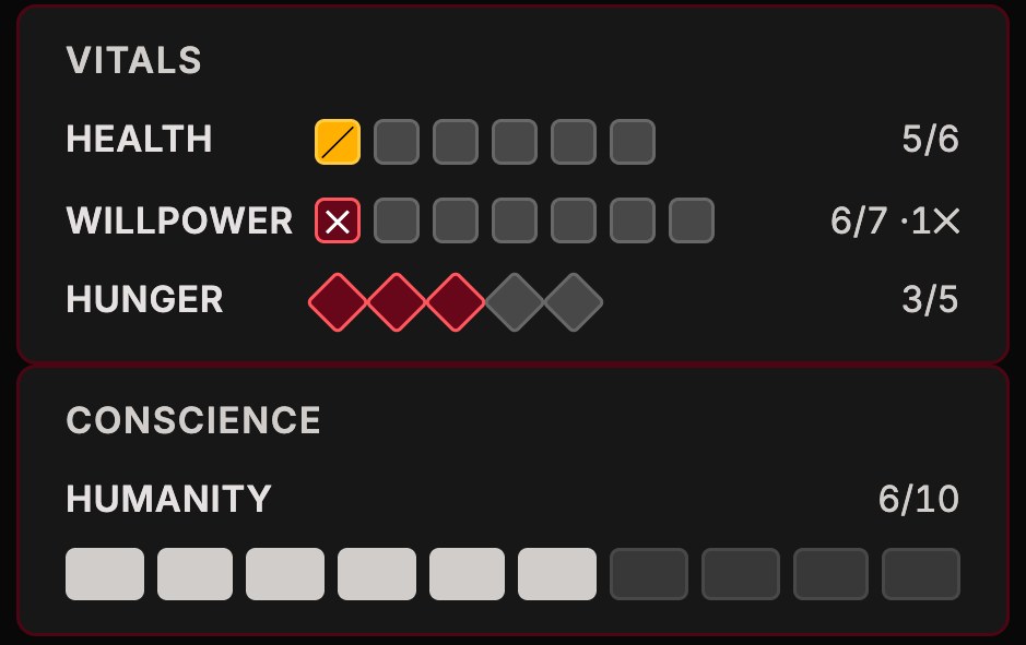 The Vampiro Life status rail showing Health, Willpower, Hunger, and Humanity.
