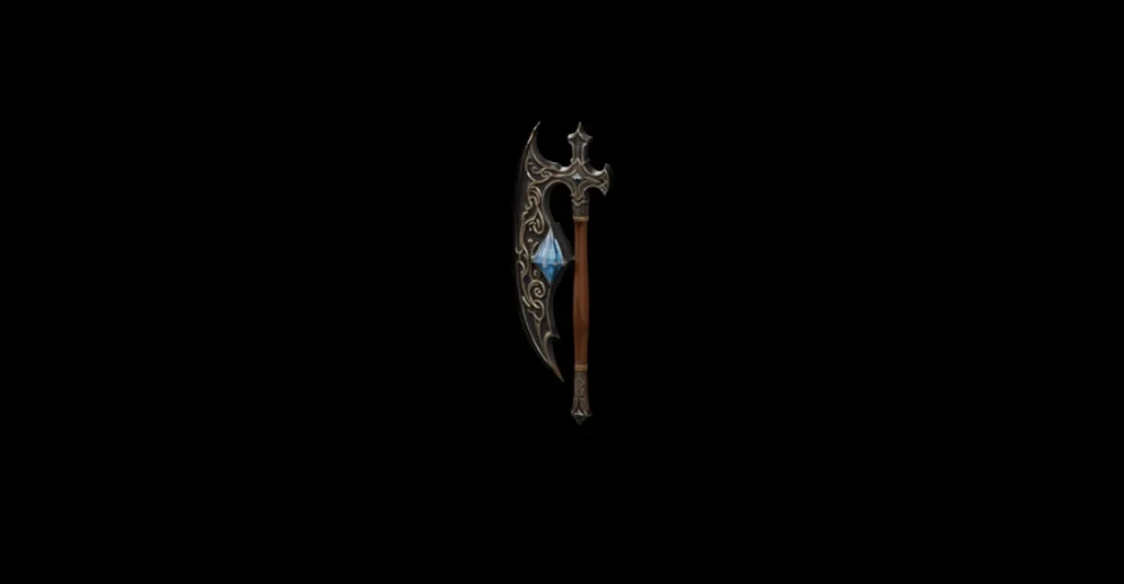 Rendered preview of a medieval battle axe 3D model with ornate blades and a blue crystal center