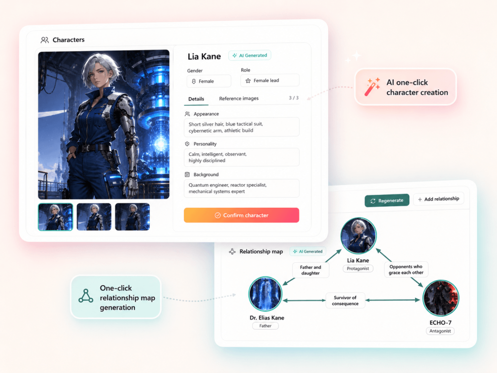 AI character creation and relationship map preview