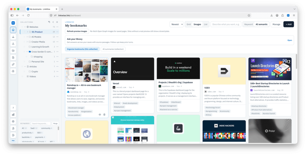 LinkWise library—collections, semantic search, and knowledge assets from the public web