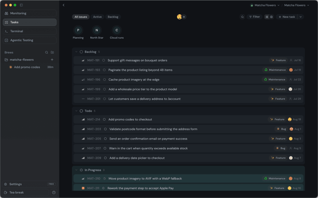Coldtea Tasks board · MAT-214 in focus