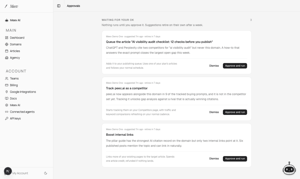 The meev agent approval queue: proposed actions with evidence, each waiting for one-click owner approval