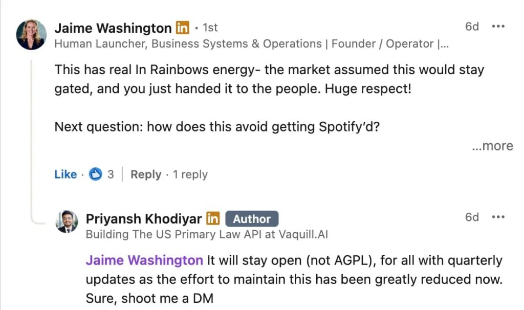 LinkedIn comment from Jaime Washington on the Open US Law launch post