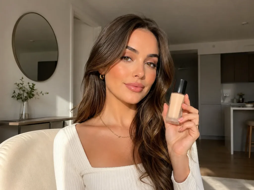 Product photo to video AI ads example showing a beauty creator holding foundation for ecommerce product launch videos.