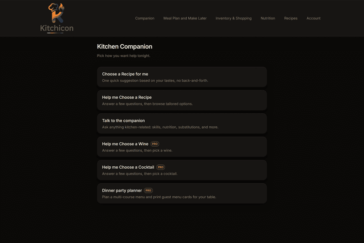 Kitchicon Kitchen Companion menu for recipe picks and cooking help