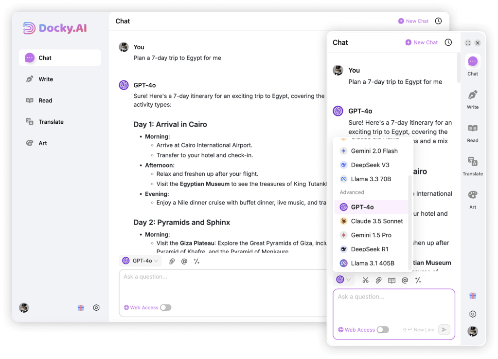 Docky AI sidebar shown on a browser tab