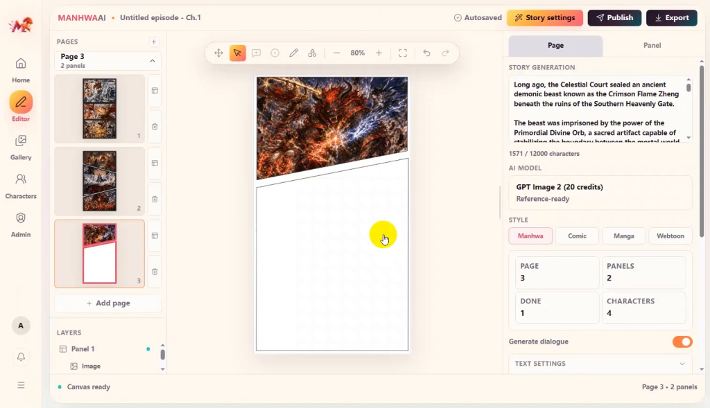 AI manhwa generator interface for guided story, character, and comic page creation