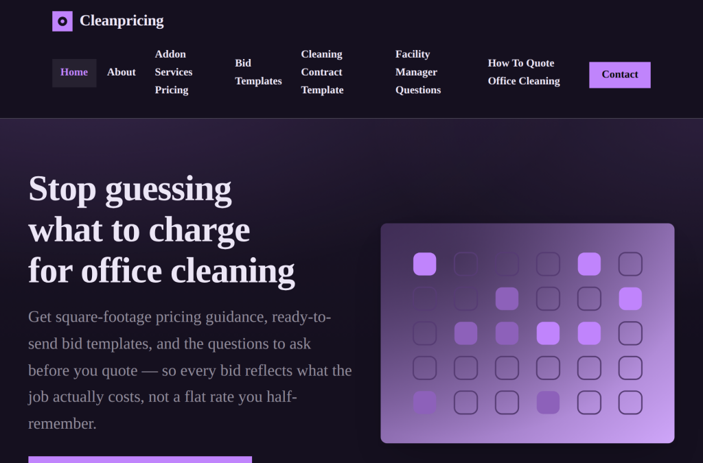 The published home page of Cleanpricing: navigation, a headline about pricing office cleaning work, and a contact button.