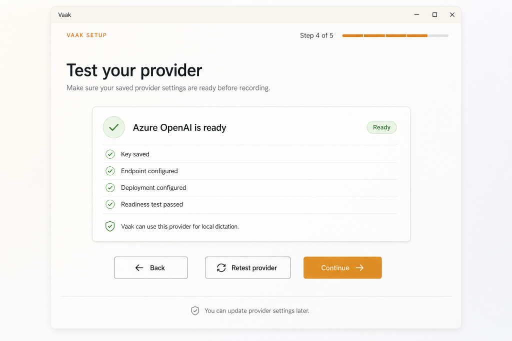 Vaak showing a speech provider ready for use