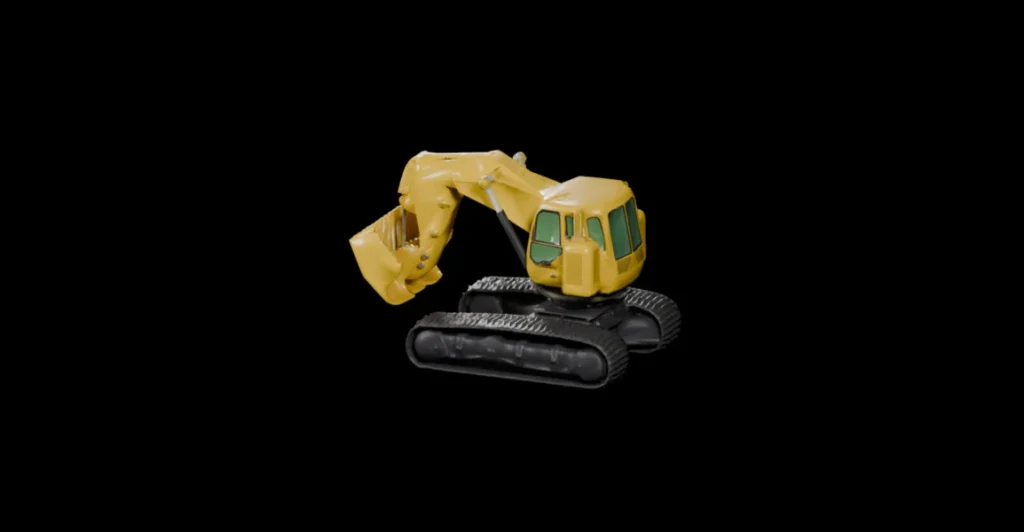 Rendered preview of a yellow construction excavator 3D model with steel tracks and a hydraulic arm