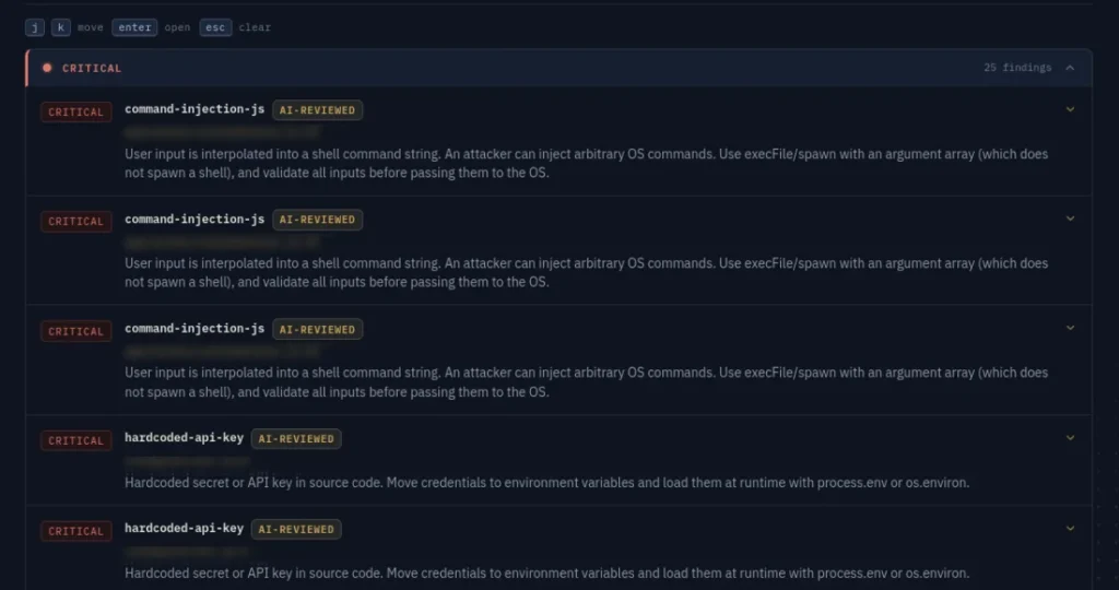 Five critical findings, each with a rule name, an AI-reviewed tag, a redacted file path and a one-line plain English explanation of what the flaw does.