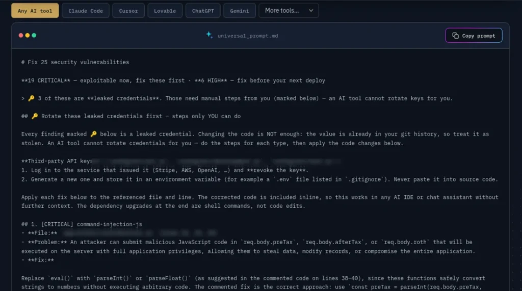 A fix prompt panel with a tab per AI platform and a terminal block: 25 vulnerabilities, 19 critical first, and a section saying which leaked credentials only a human can rotate.