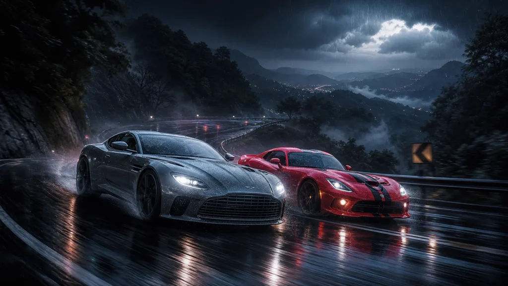 Black and red sports cars drive side by side on a rain-soaked mountain road at night