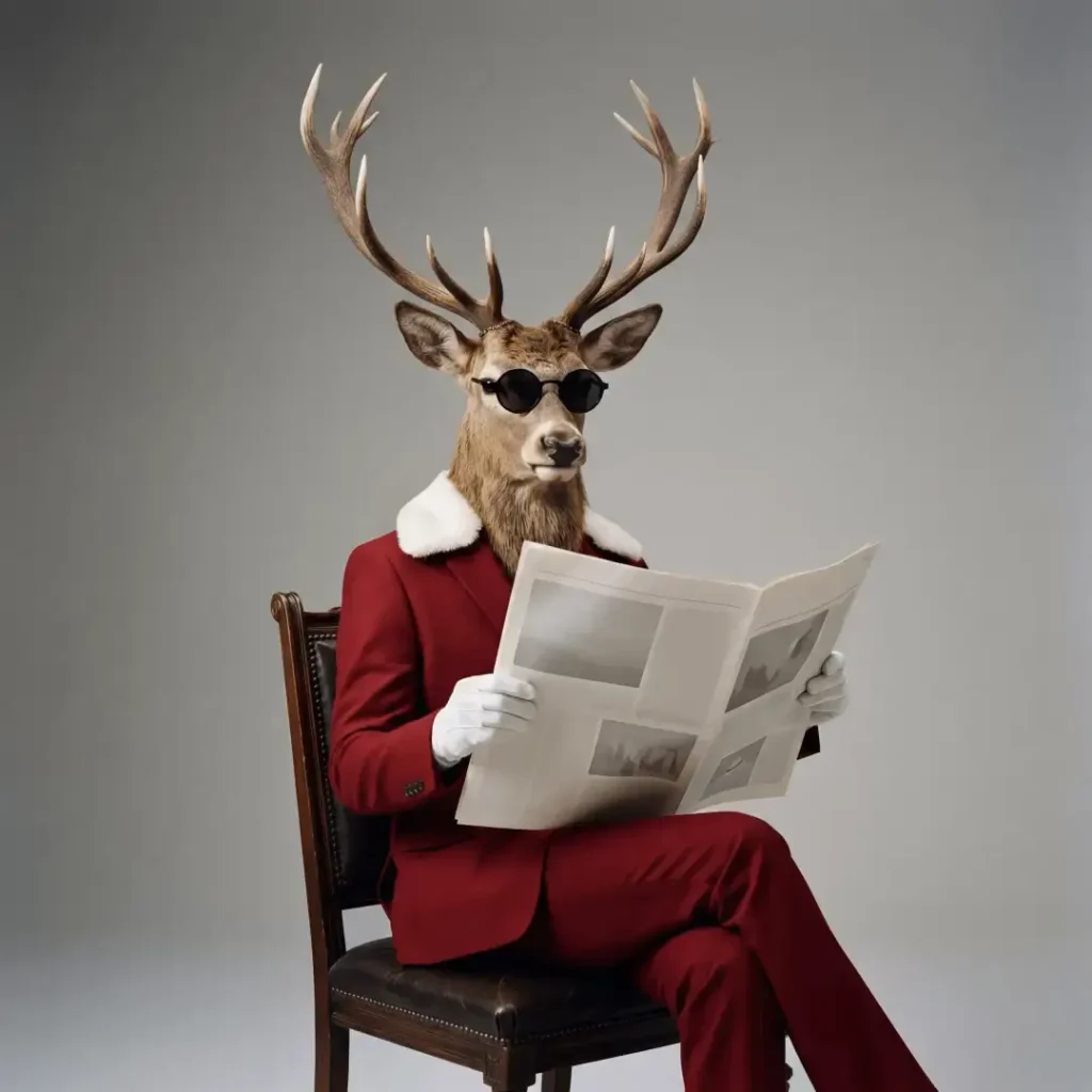 Deer-headed figure in a red suit and sunglasses reading a newspaper while seated in a wooden chair