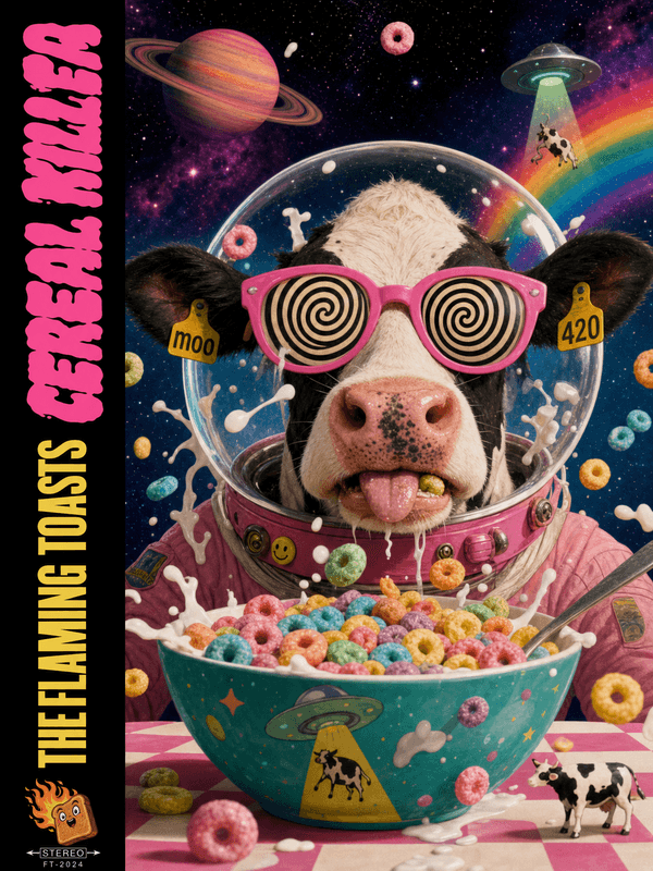 Album cover of a cow in a pink spacesuit and spiral sunglasses eating a bowl of cereal in outer space