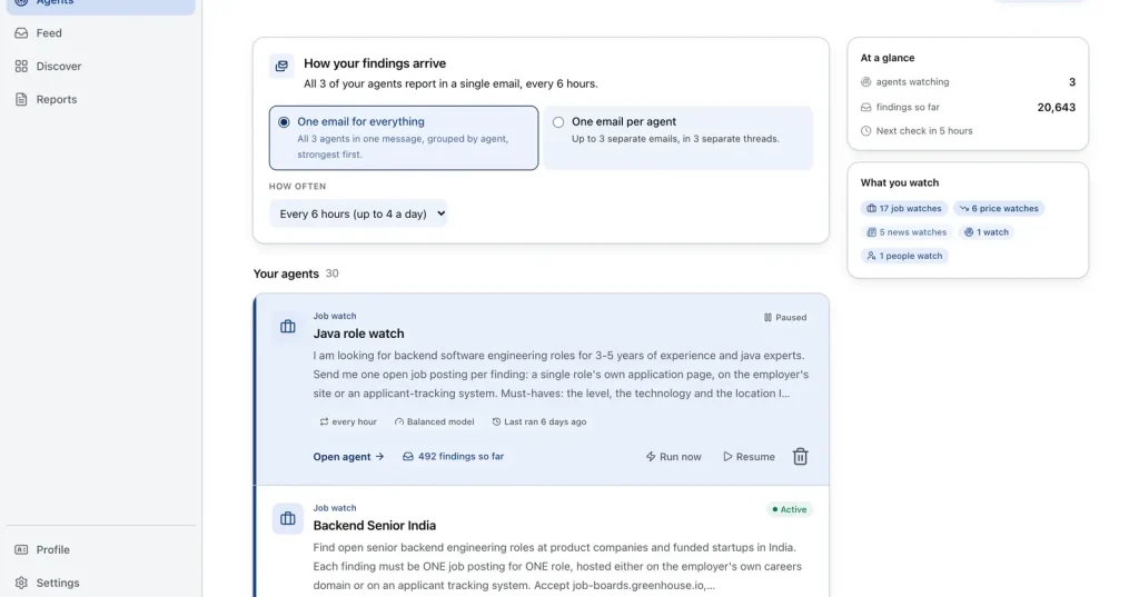 The Parlel agents dashboard, listing saved agents with their schedule, last run and findings count.