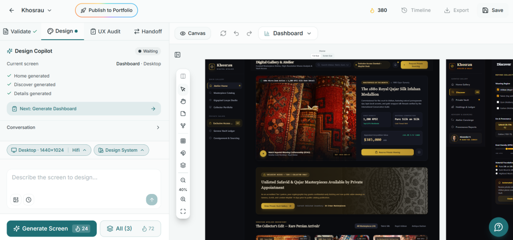 Fleck canvas showing multi-screen flow with Fleck Agent side panel and UX audit pins