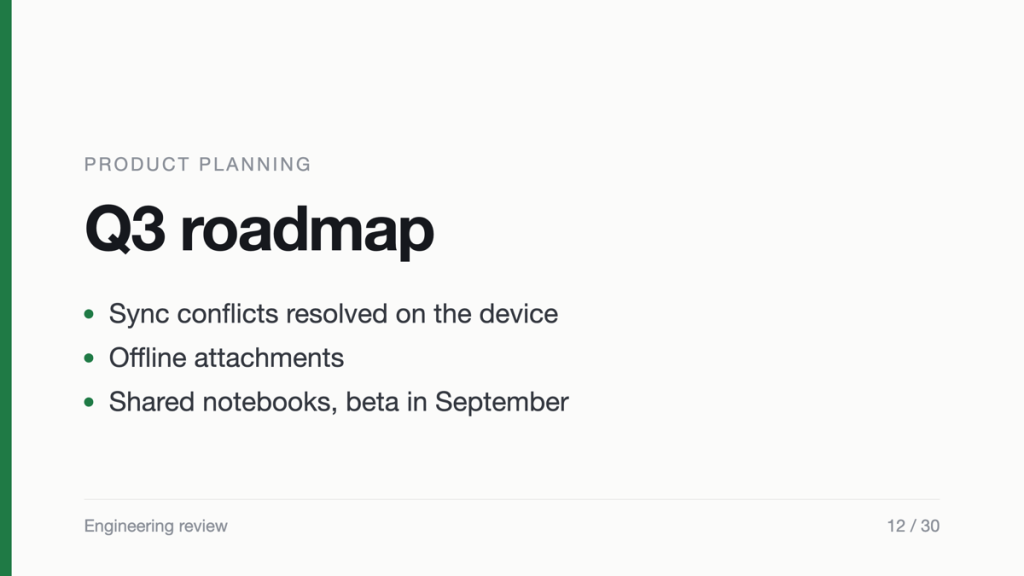 A slide headed “Q3 roadmap” with three bullet points