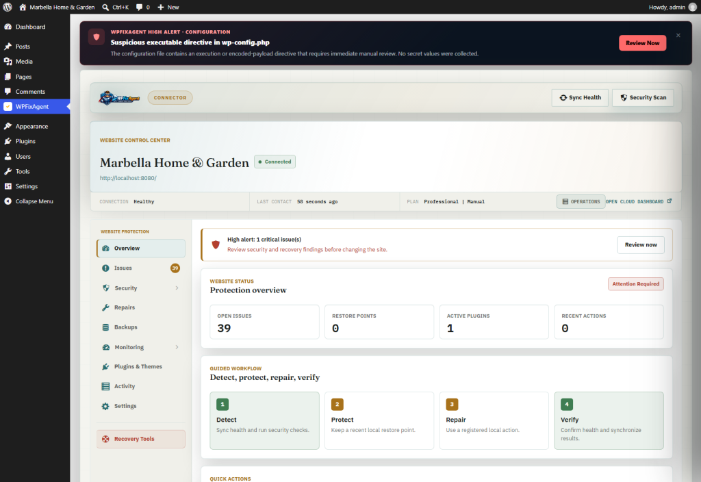 WPFixAgent WordPress connector plugin admin screen showing website protection status inside wp-admin